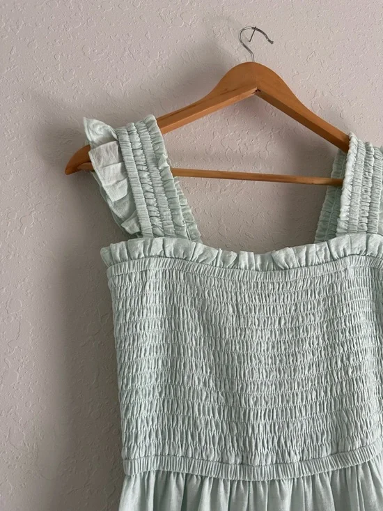 Express Mint Green Smocked Ruffle Strap Midi Dress - Picture 3 of 7